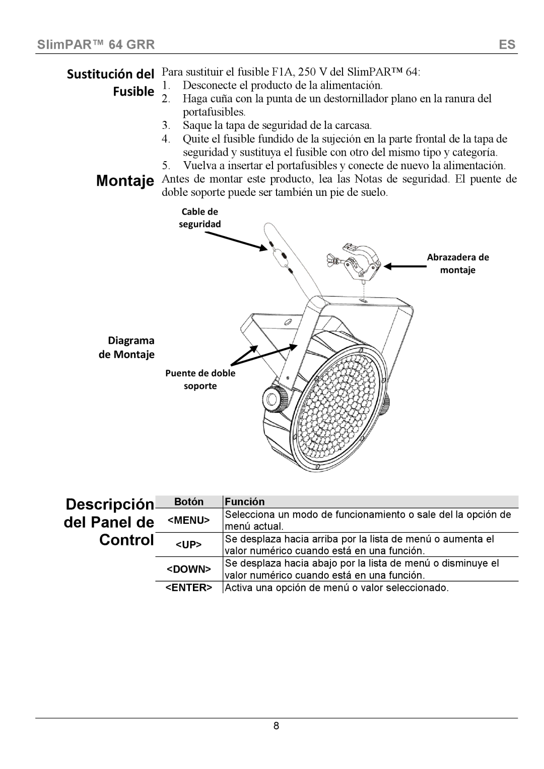 Chauvet 64 manual Montaje, Descripción del Panel de Control, Función 