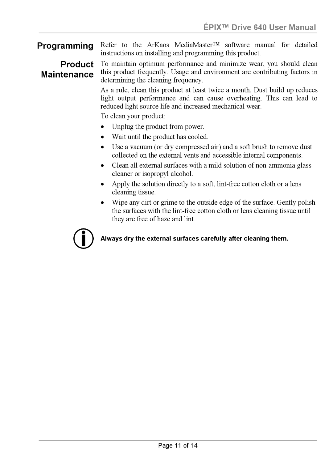 Chauvet 640 user manual Programming Product Maintenance 