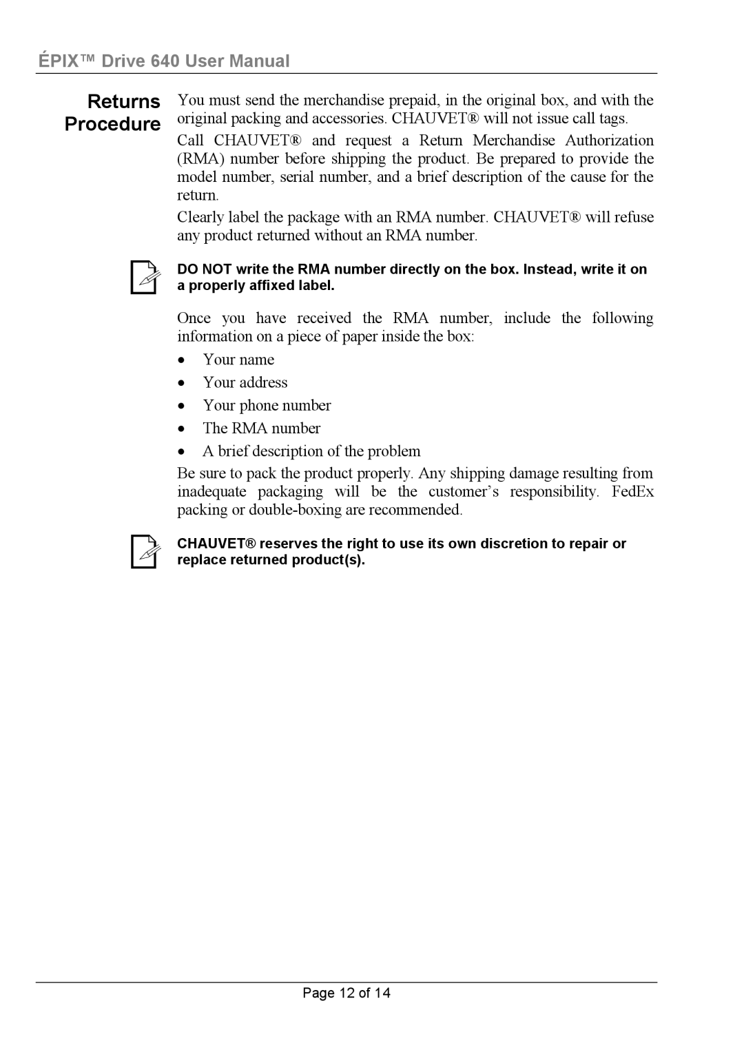 Chauvet 640 user manual Returns Procedure 