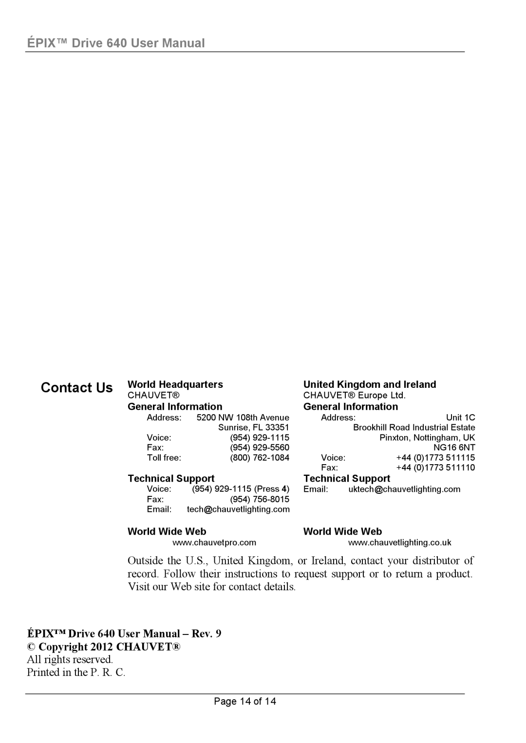 Chauvet 640 user manual Contact Us, General Information 