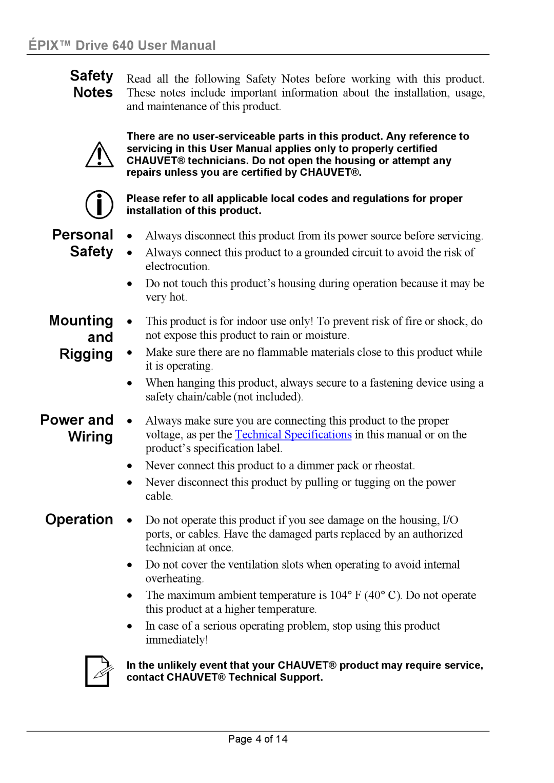 Chauvet 640 user manual Safety, Personal, Mounting, Rigging, Wiring 