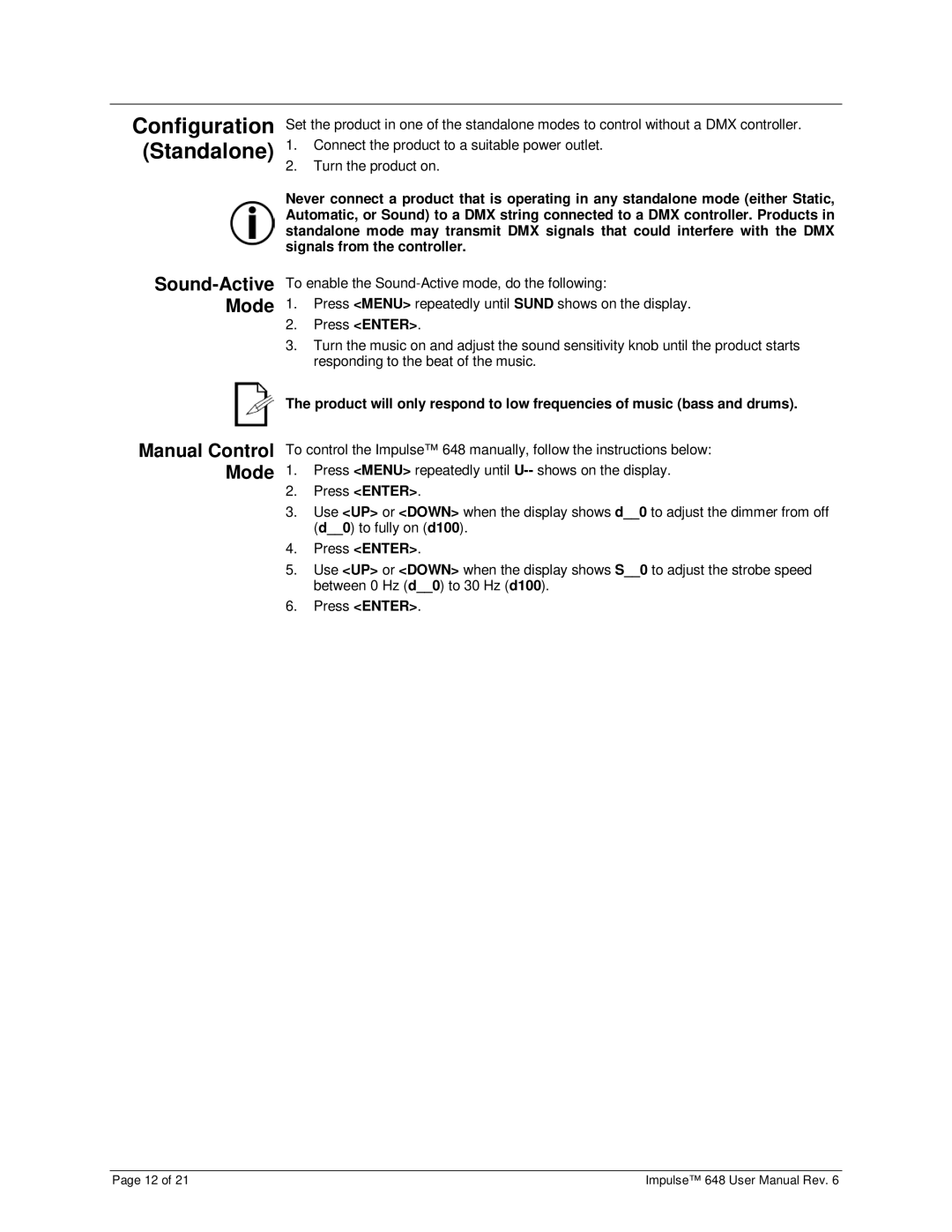 Chauvet 648 user manual Configuration Standalone, Sound-Active Mode, Manual Control Mode 