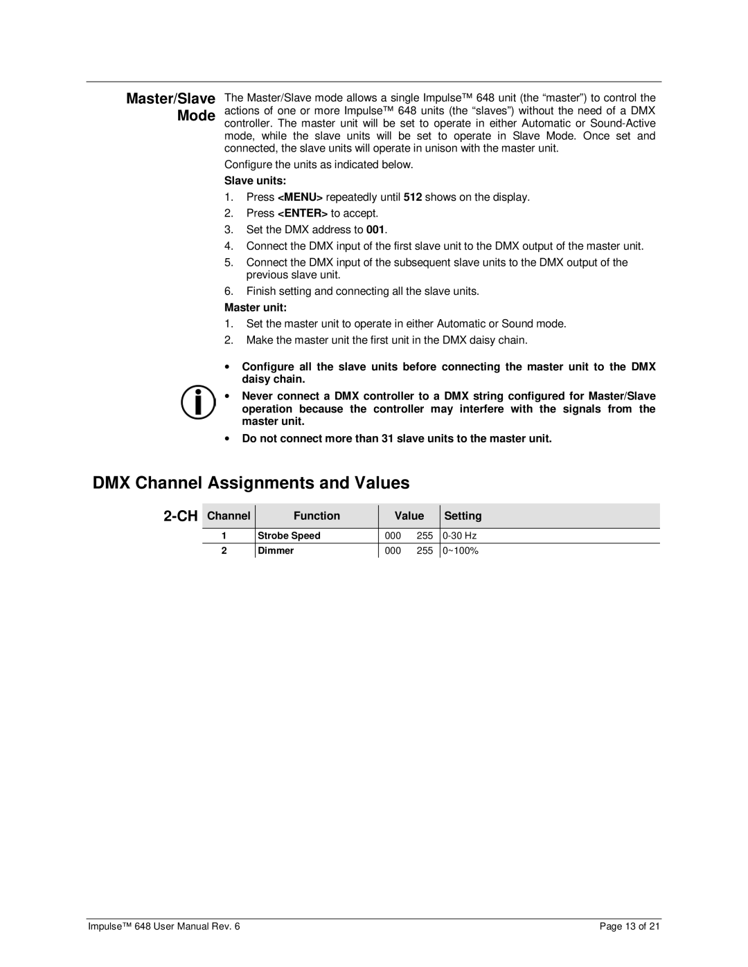 Chauvet 648 user manual DMX Channel Assignments and Values, Master/Slave Mode 