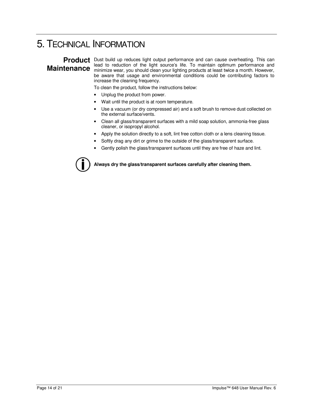 Chauvet 648 user manual Technical Information, Product Maintenance 