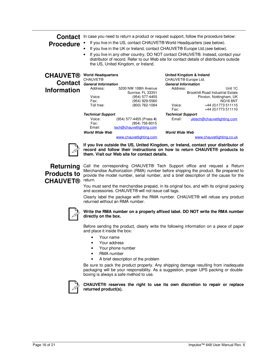 Chauvet 648 user manual Contact Procedure, Contact Information 