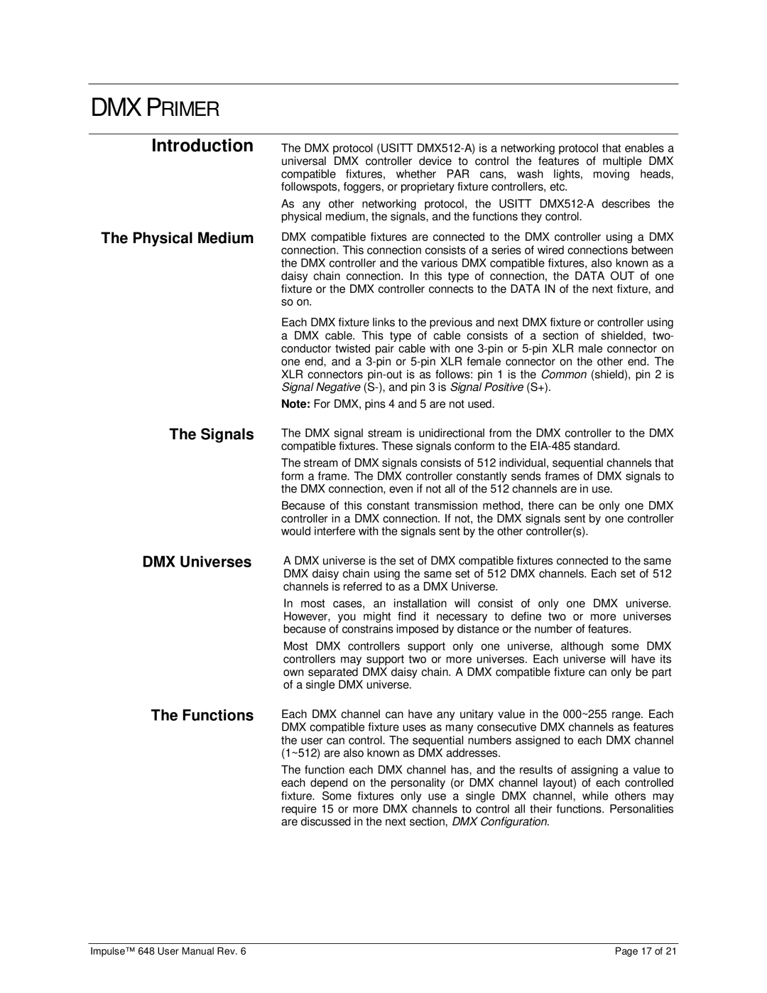 Chauvet 648 user manual Introduction, Physical Medium Signals DMX Universes Functions 