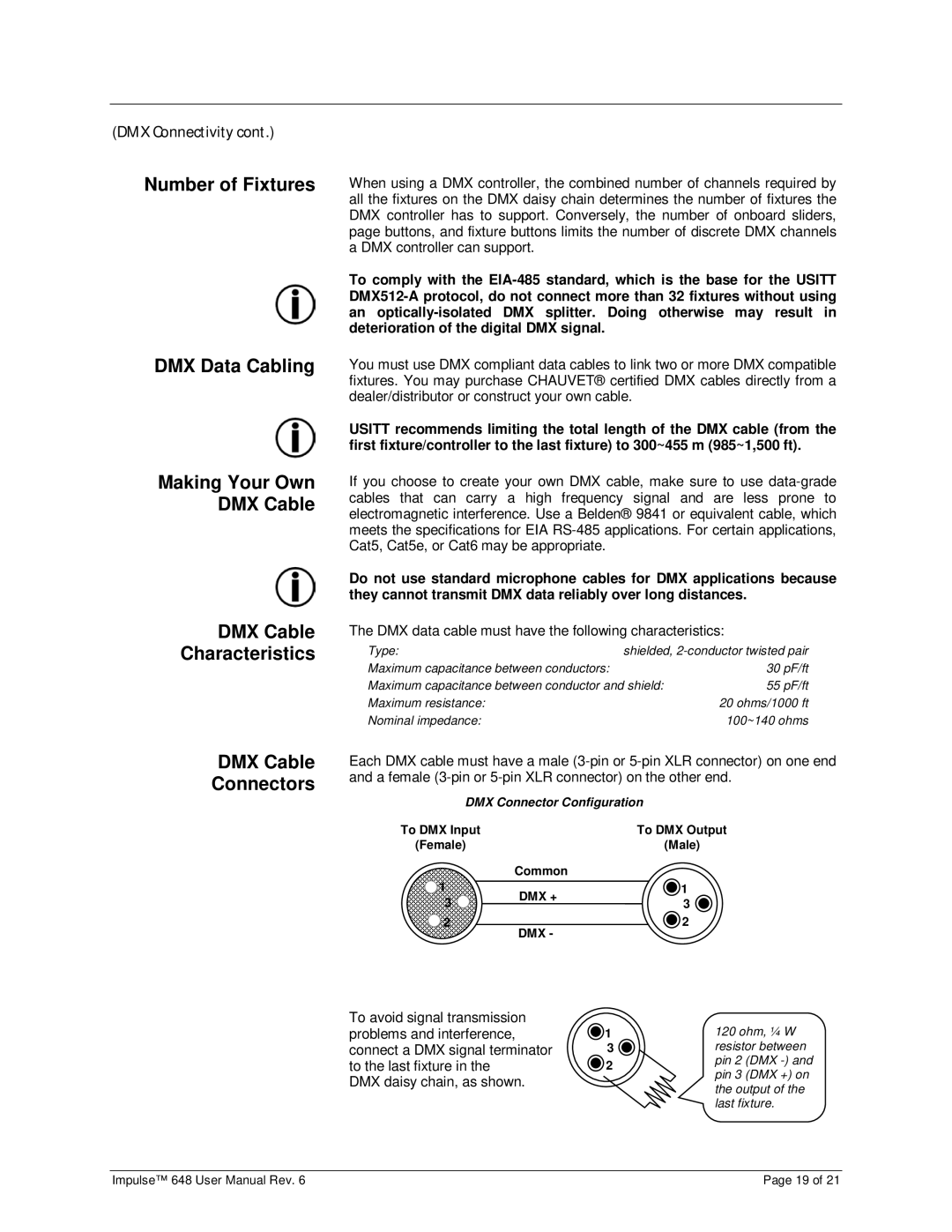 Chauvet 648 user manual DMX Cable Connectors, DMX data cable must have the following characteristics 