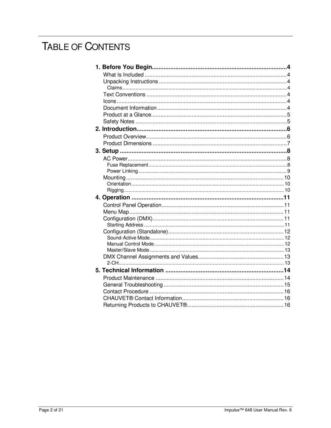 Chauvet 648 user manual Table of Contents 