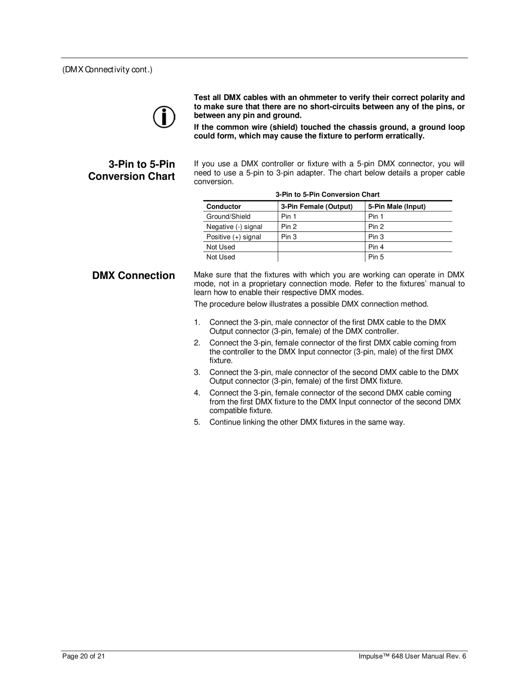 Chauvet 648 user manual Pin to 5-Pin Conversion Chart DMX Connection 