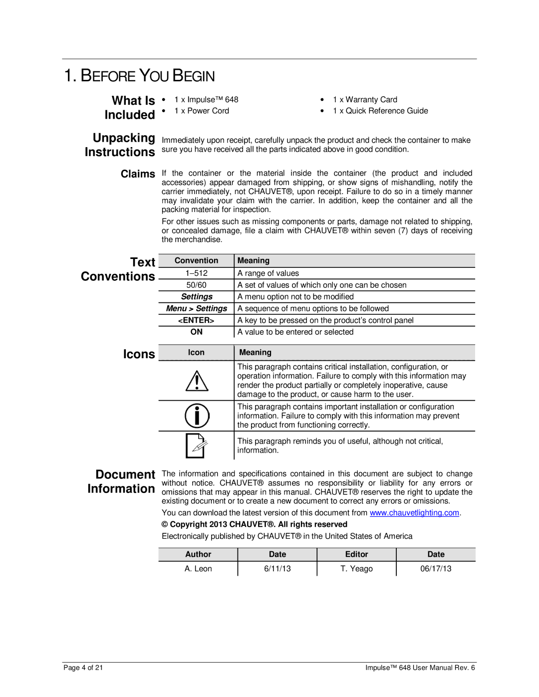 Chauvet 648 user manual Before YOU Begin, What Is Included, Unpacking Instructions, Text, Icons 