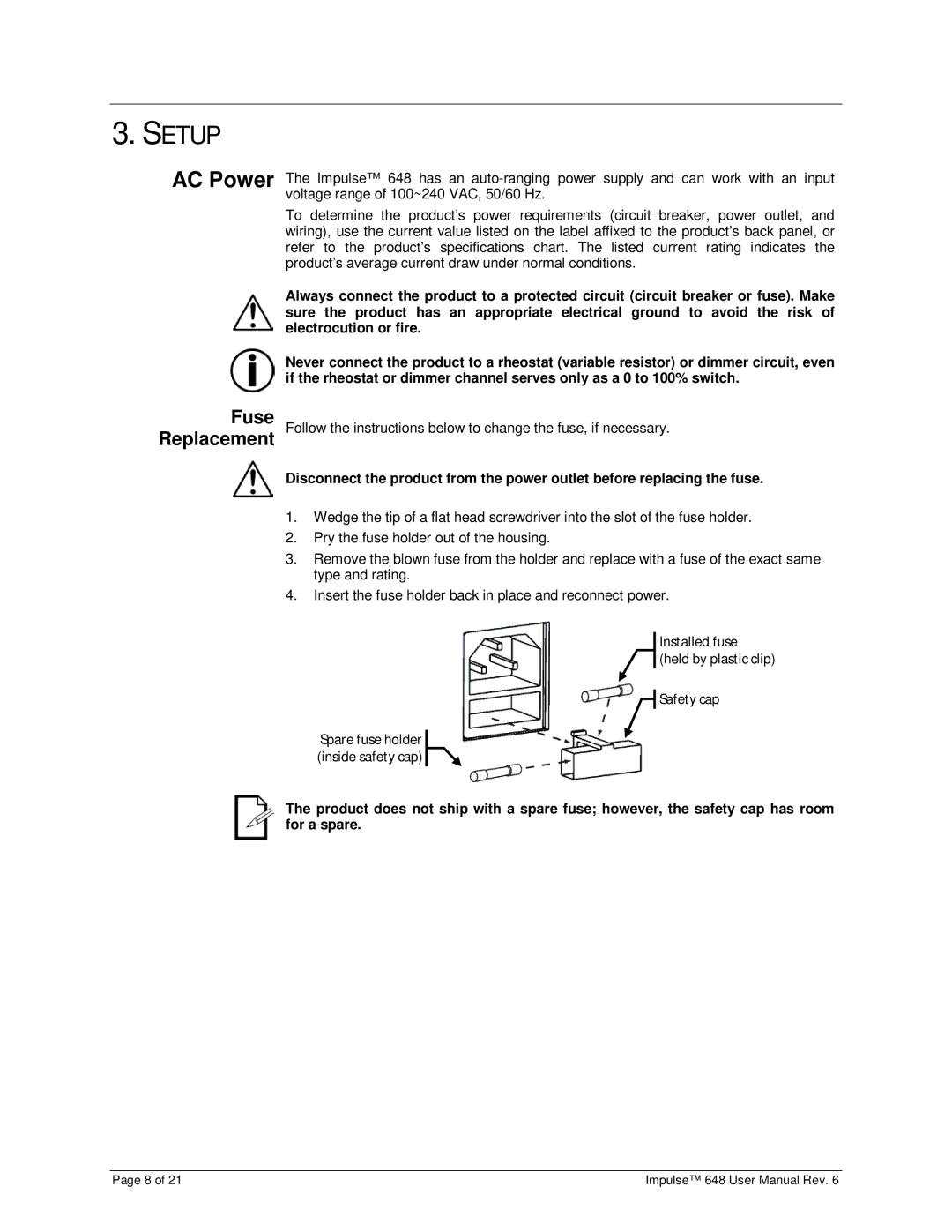 Chauvet 648 user manual Setup, Fuse Replacement 