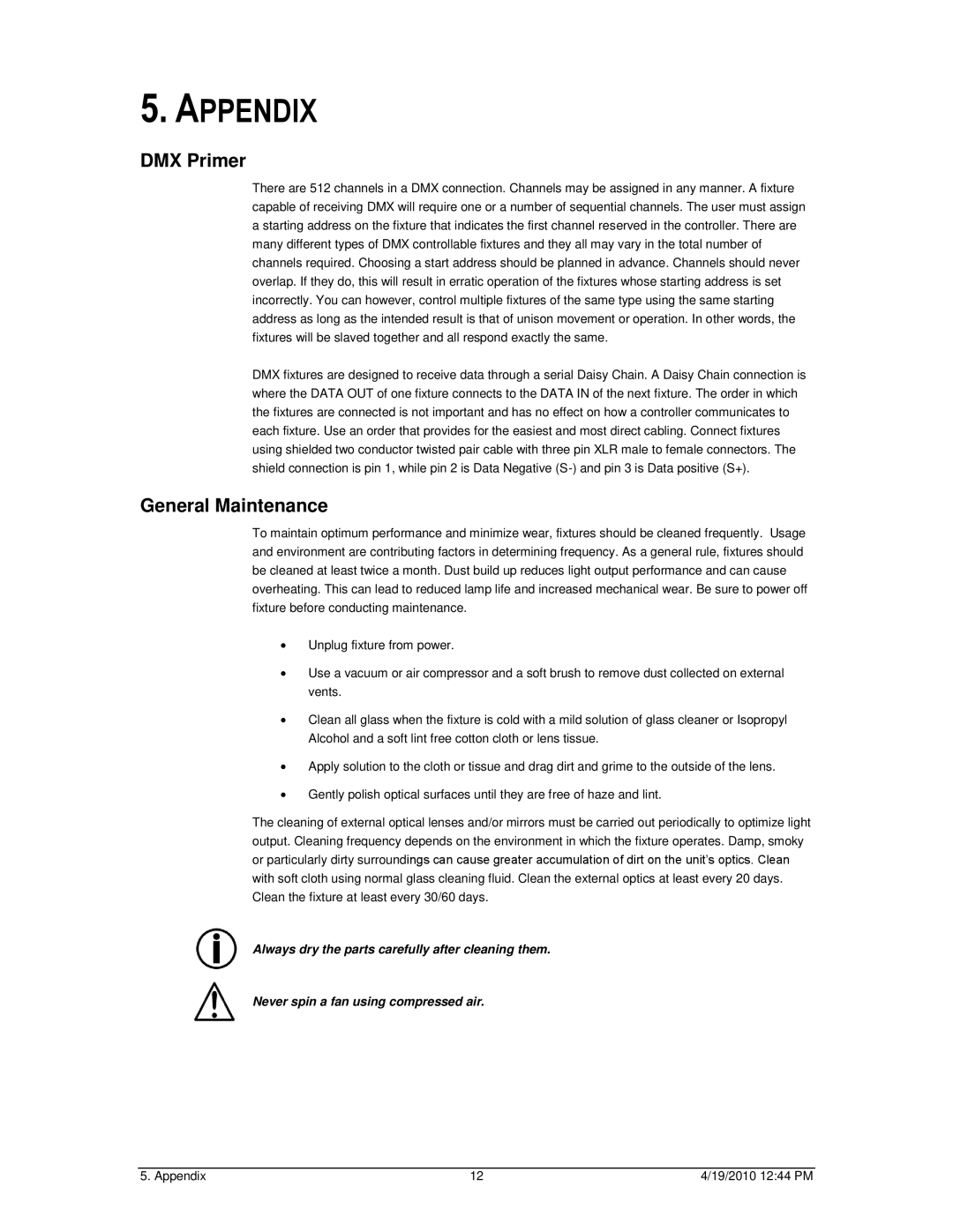 Chauvet 64C user manual Appendix, DMX Primer, General Maintenance 