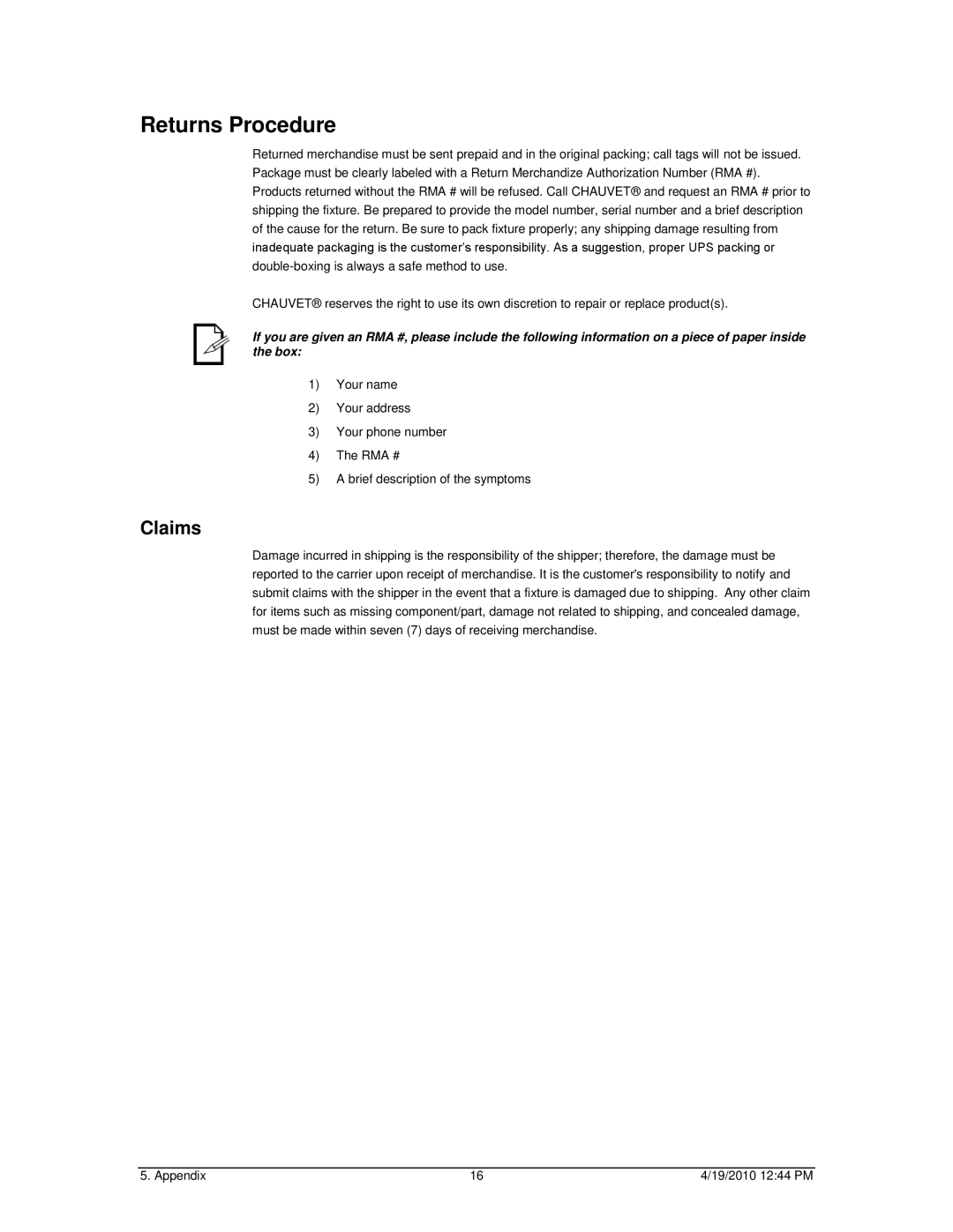 Chauvet 64C user manual Returns Procedure, Claims 