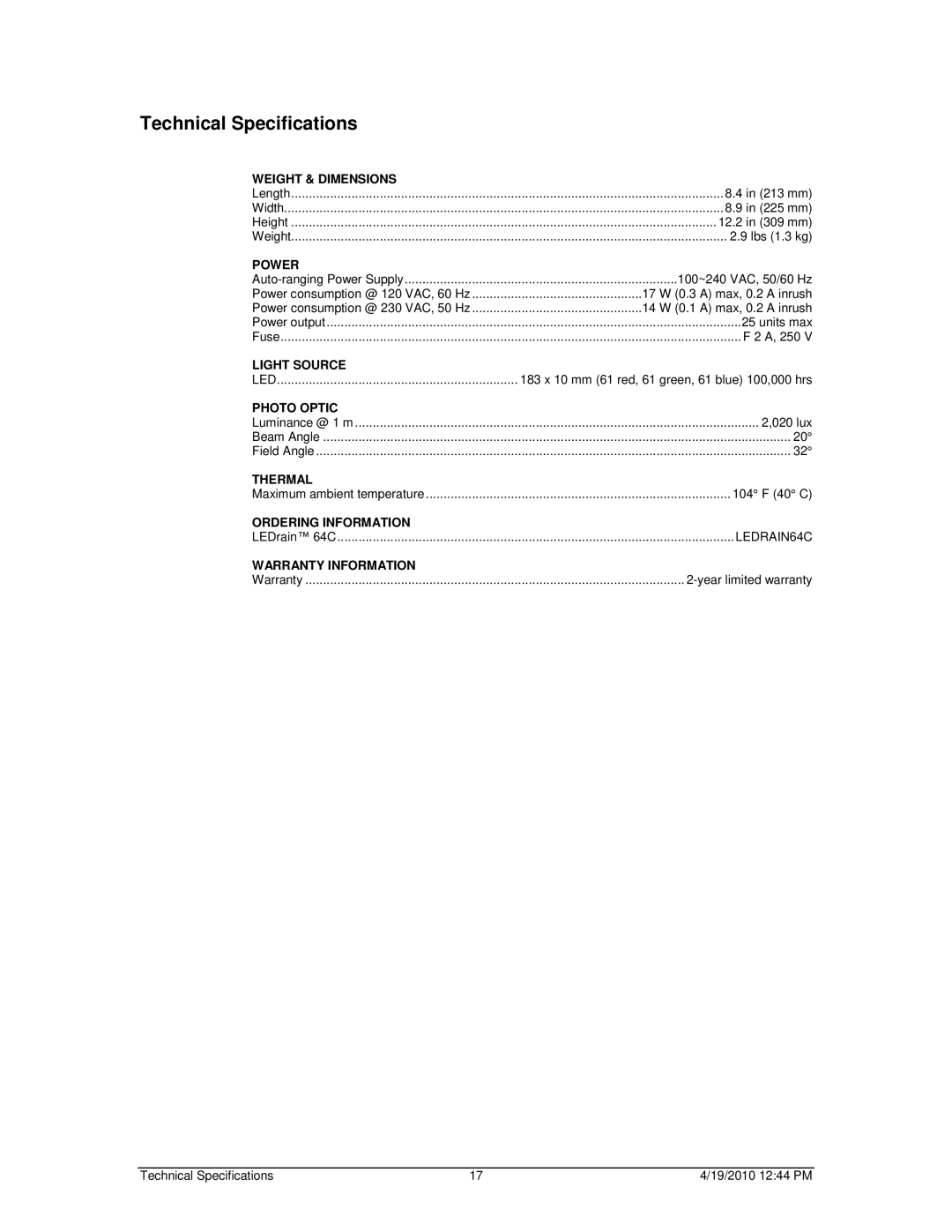 Chauvet 64C user manual Technical Specifications, Power 