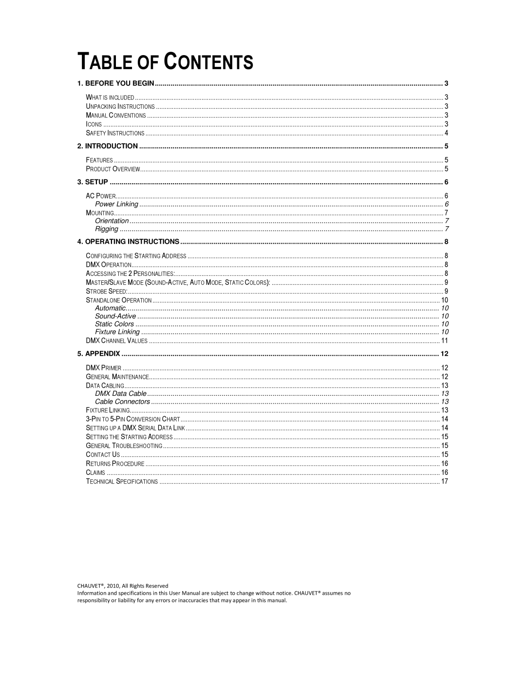 Chauvet 64C user manual Table of Contents 