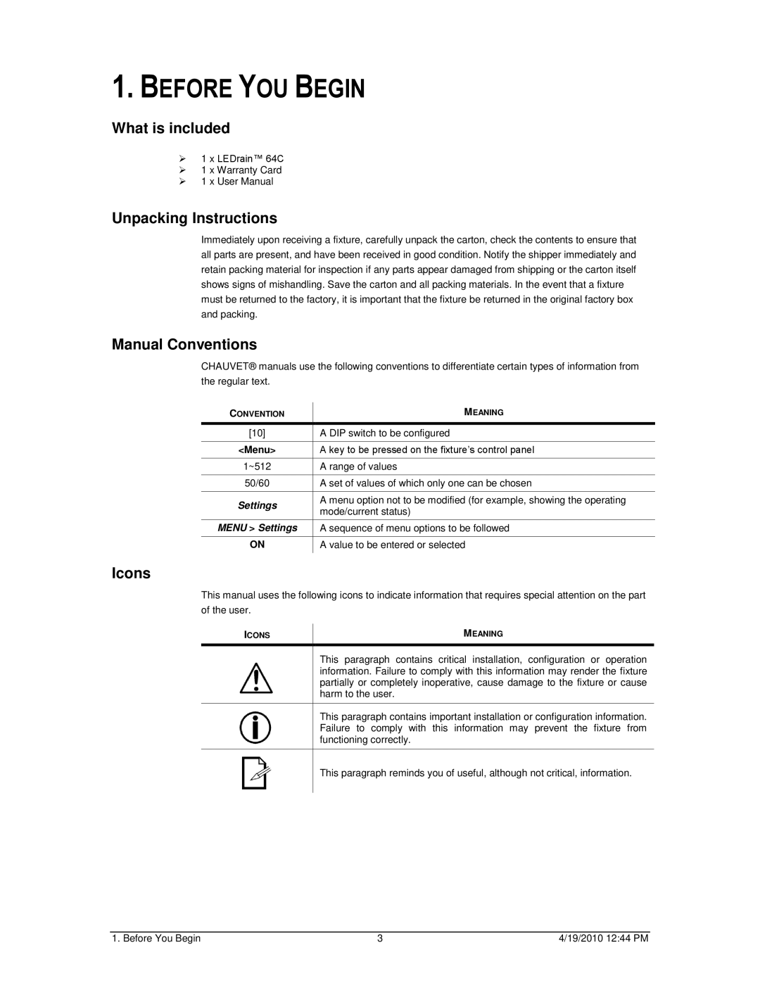 Chauvet 64C user manual Before YOU Begin, What is included, Unpacking Instructions, Manual Conventions, Icons 