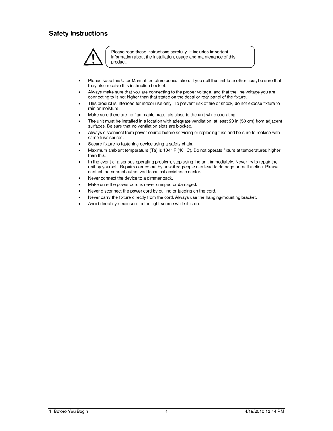 Chauvet 64C user manual Safety Instructions 