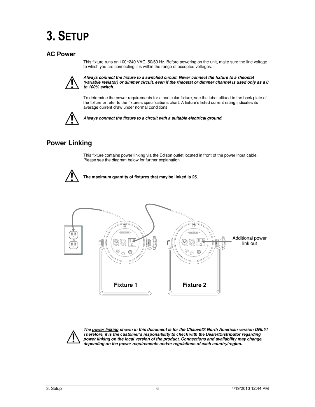 Chauvet 64C user manual Setup, AC Power 