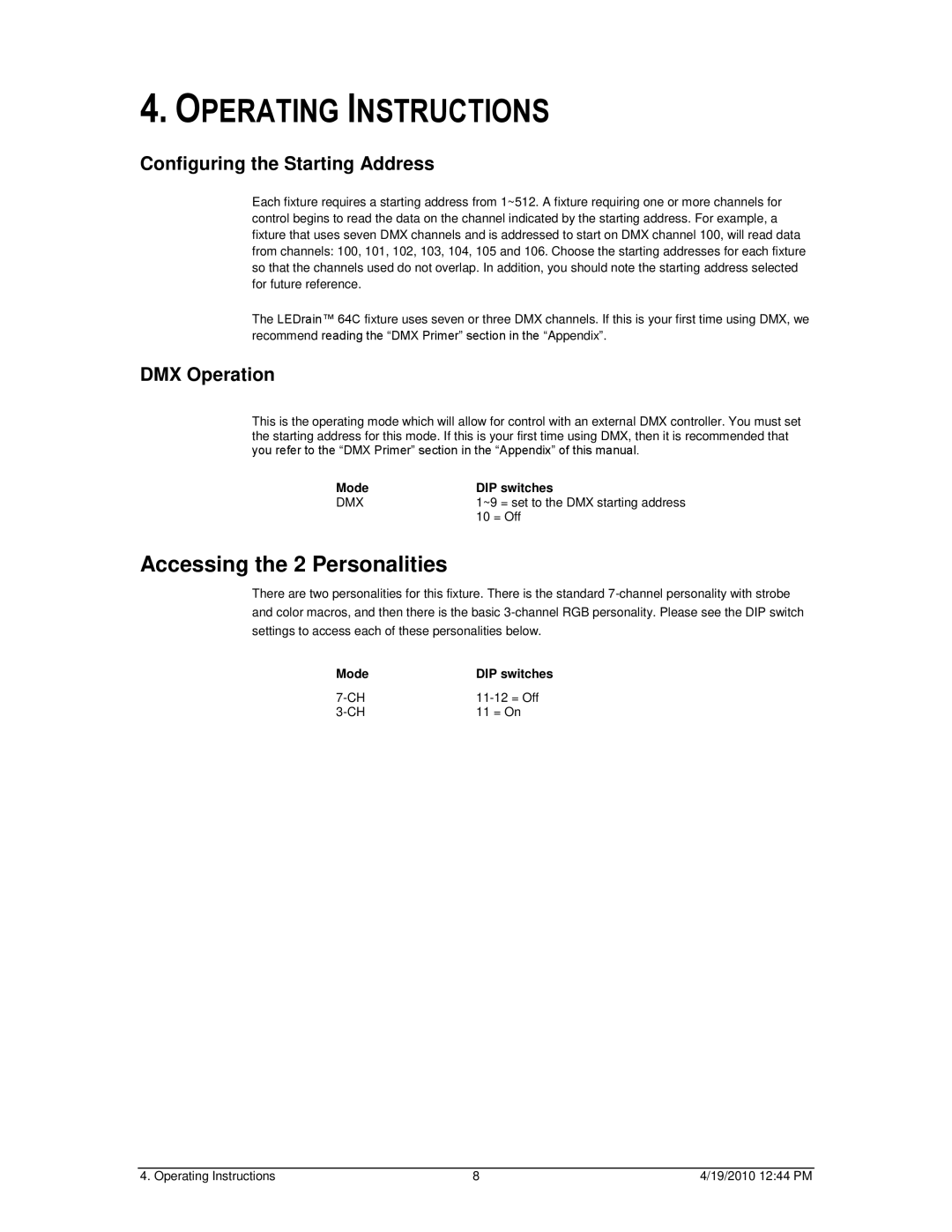 Chauvet 64C user manual Operating Instructions, Configuring the Starting Address, DMX Operation 