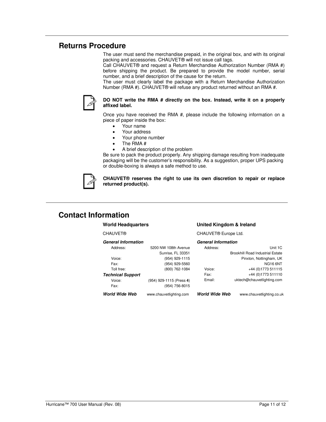 Chauvet 700 user manual Returns Procedure, Contact Information, World Headquarters United Kingdom & Ireland 