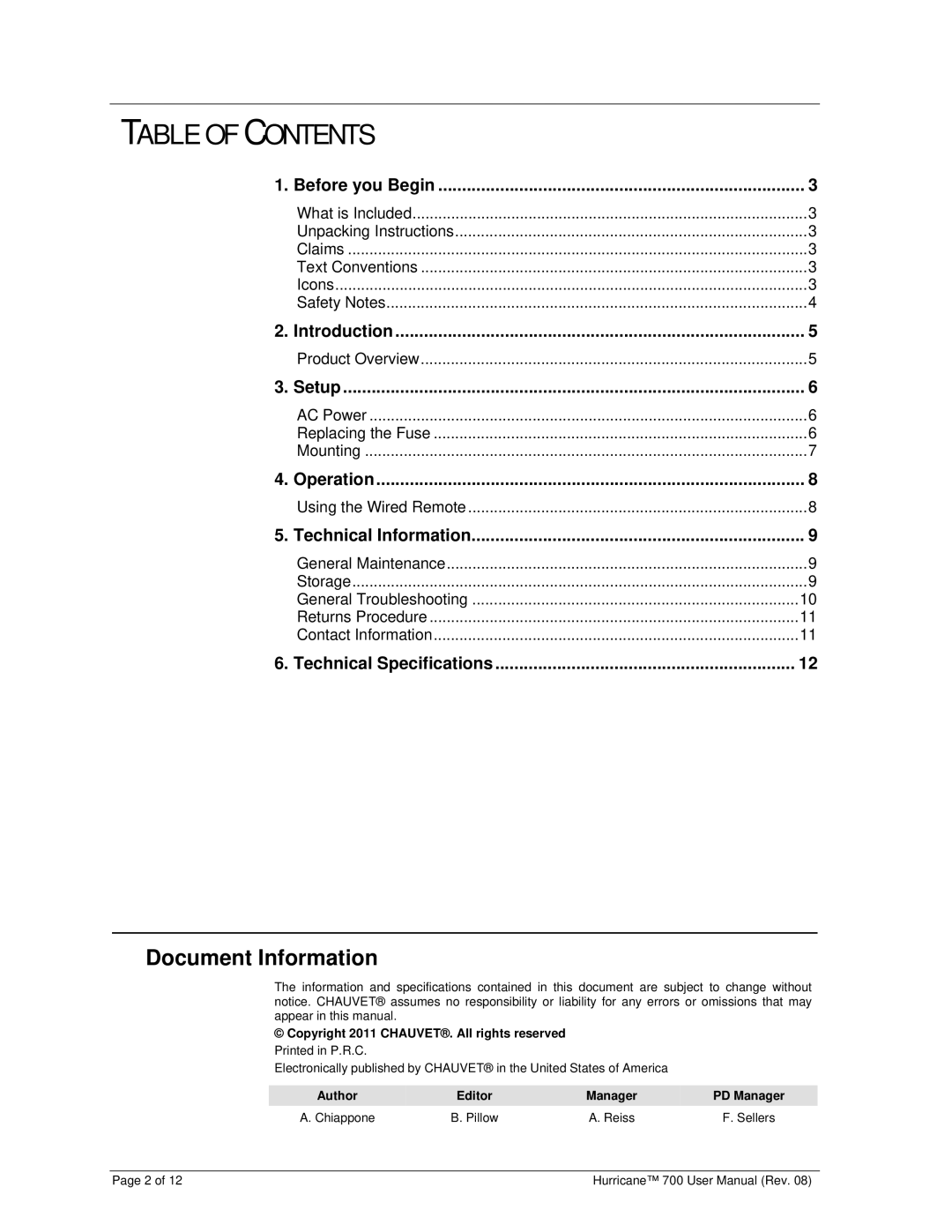 Chauvet 700 user manual Table of Contents 