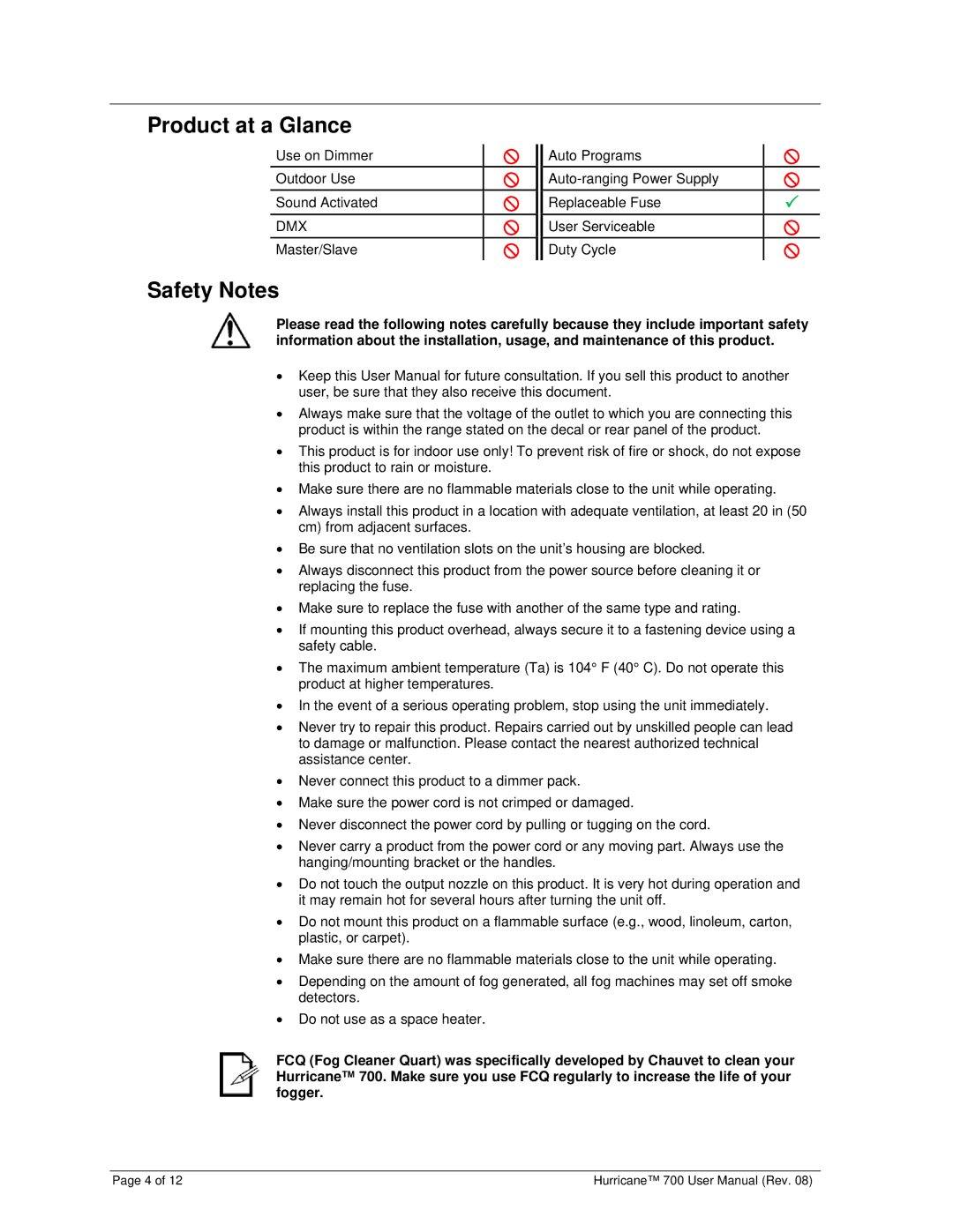 Chauvet 700 user manual Product at a Glance, Safety Notes 