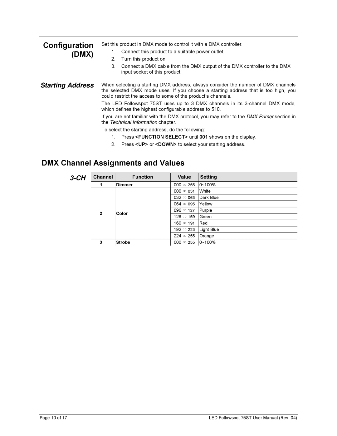 Chauvet 75ST user manual DMX Channel Assignments and Values, Configuration DMX, Starting Address 