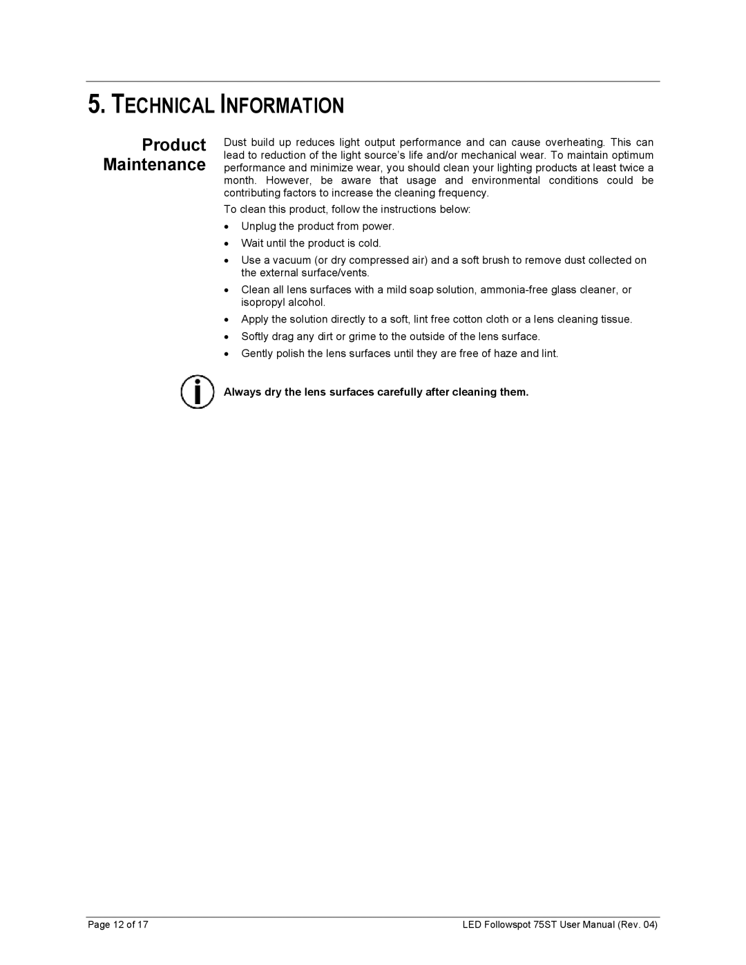 Chauvet 75ST user manual Technical Information, Product Maintenance 