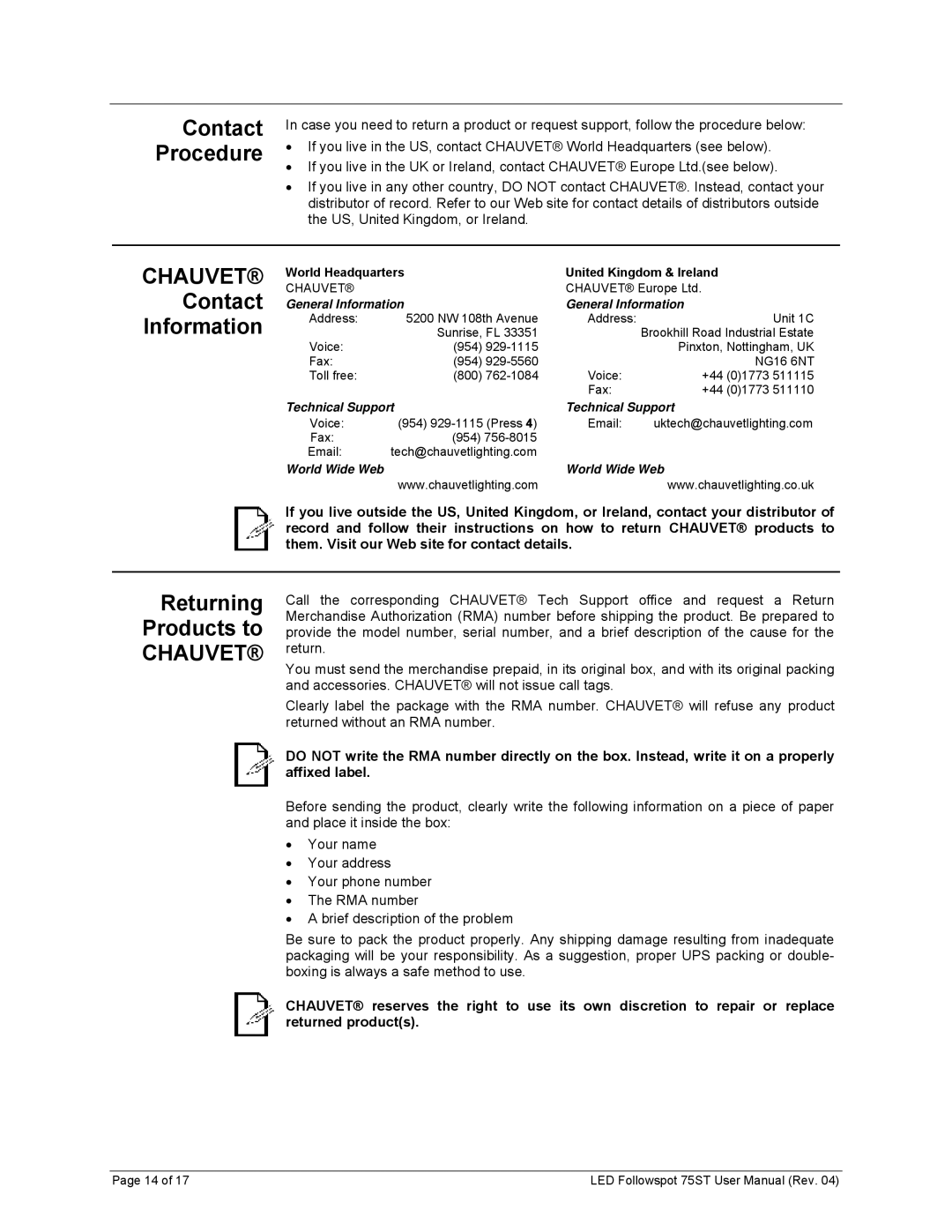 Chauvet 75ST user manual Contact Information, Contact Procedure, Returning Products to 