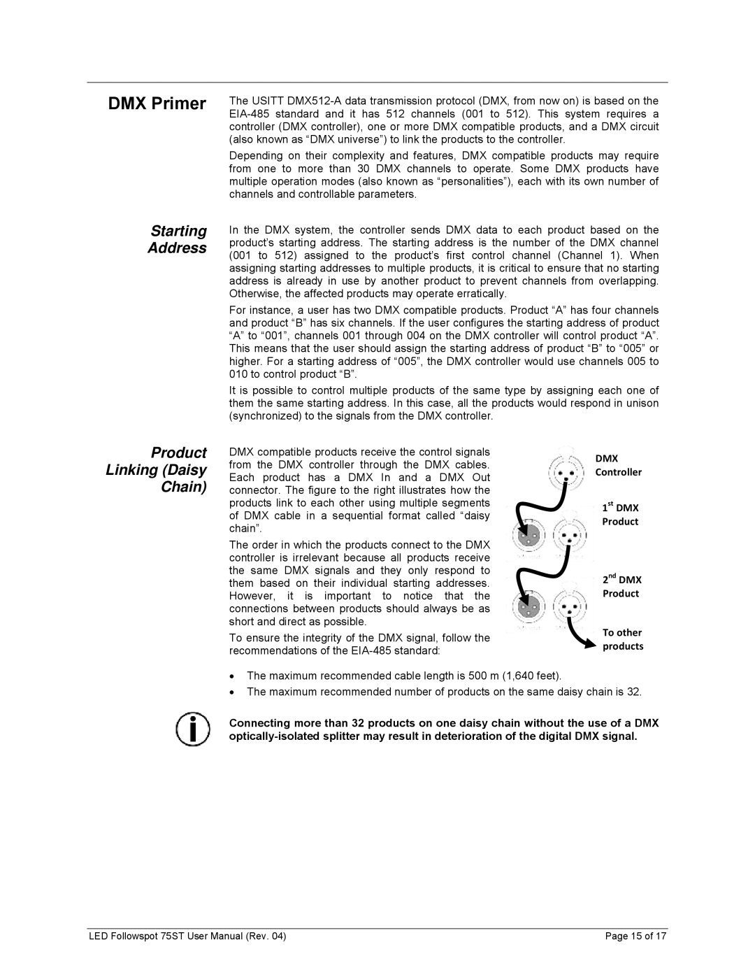 Chauvet 75ST user manual DMX Primer, Product Linking Daisy Chain 