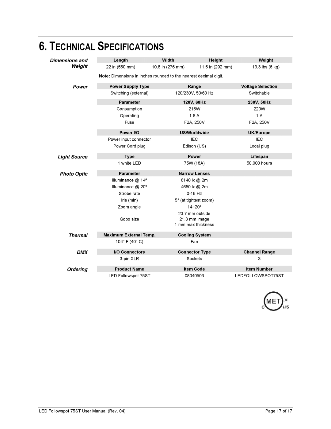 Chauvet 75ST user manual Technical Specifications, Power 