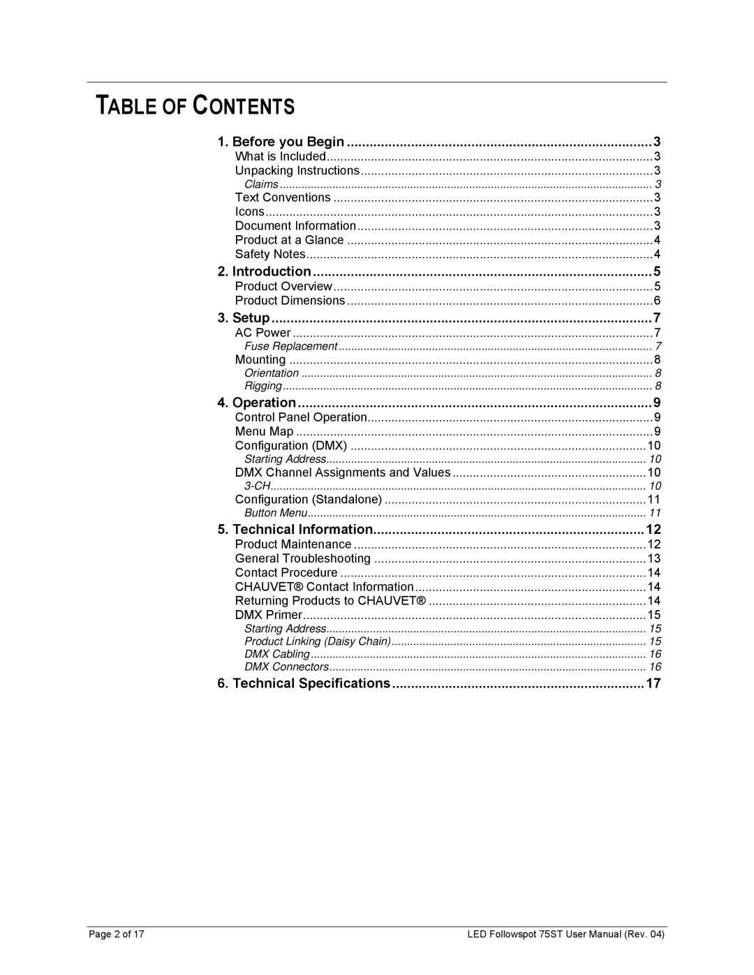 Chauvet 75ST user manual Table of Contents 