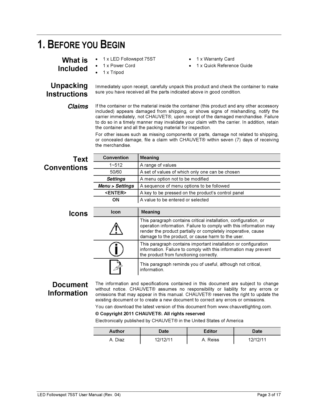 Chauvet 75ST user manual Before YOU Begin, What is Included, Icons 