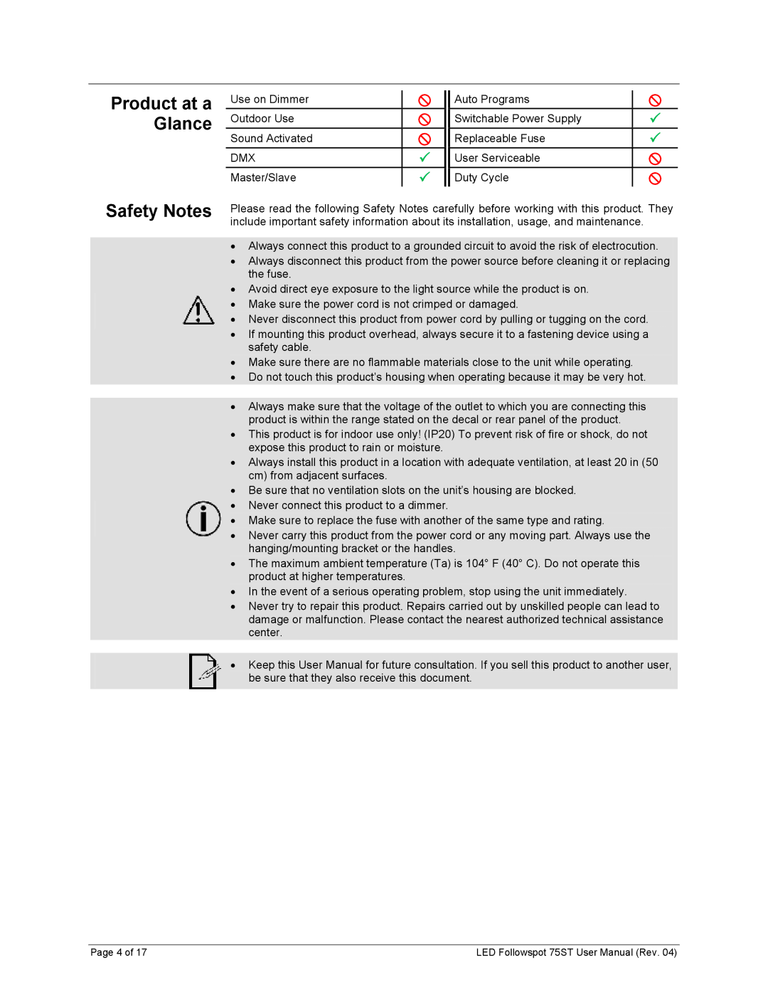 Chauvet 75ST user manual Safety Notes, Product at a Glance 