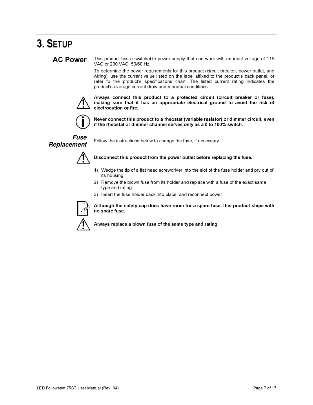 Chauvet 75ST user manual Setup, AC Power, Fuse Replacement 