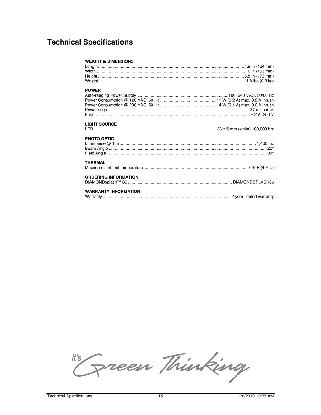 Chauvet 86 user manual Technical Specifications 