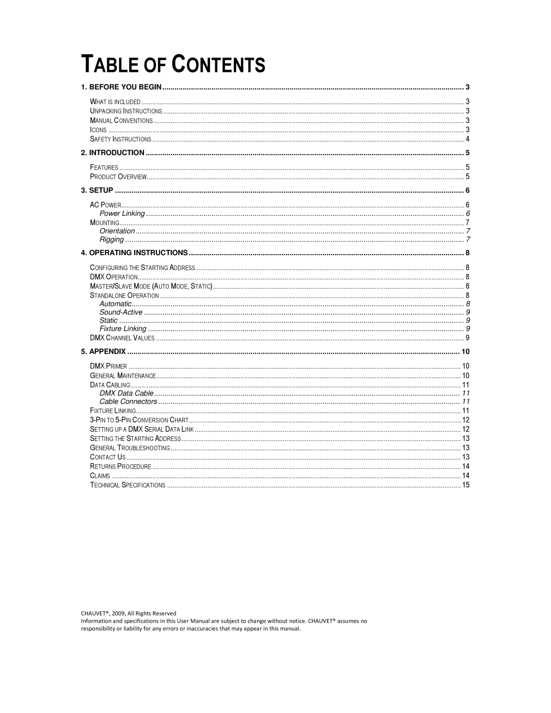 Chauvet 86 user manual Table of Contents 