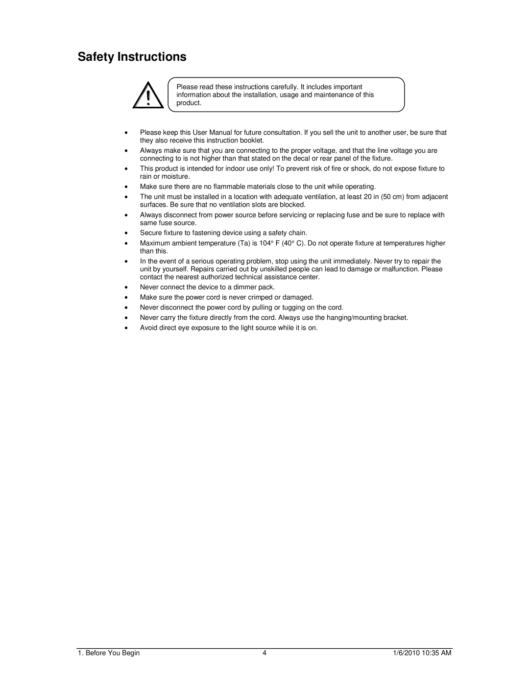 Chauvet 86 user manual Safety Instructions 