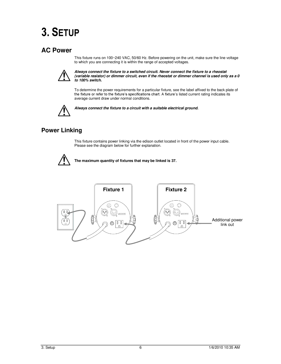 Chauvet 86 user manual Setup, AC Power, Power Linking 