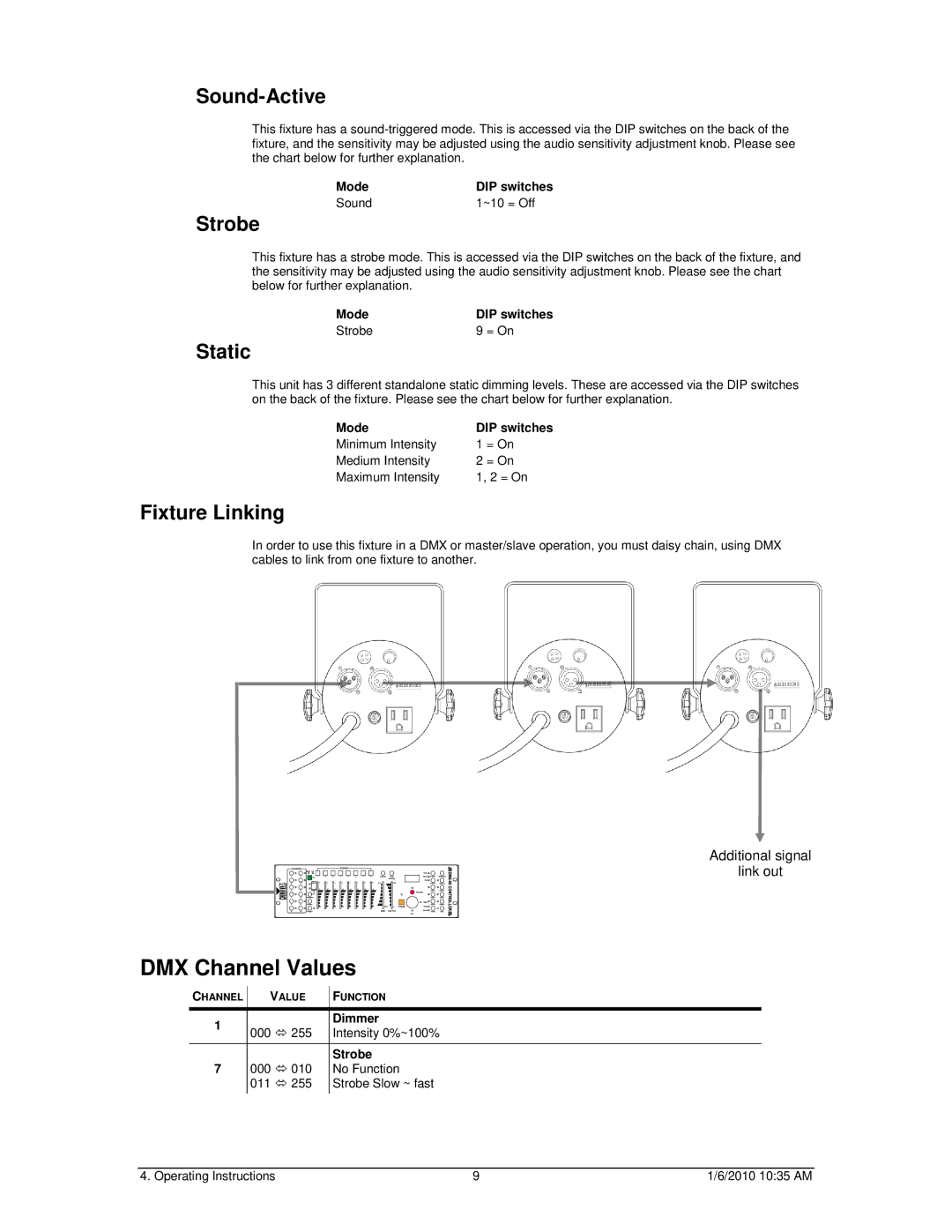 Chauvet 86 user manual DMX Channel Values, Sound-Active, Strobe, Static, Fixture Linking 