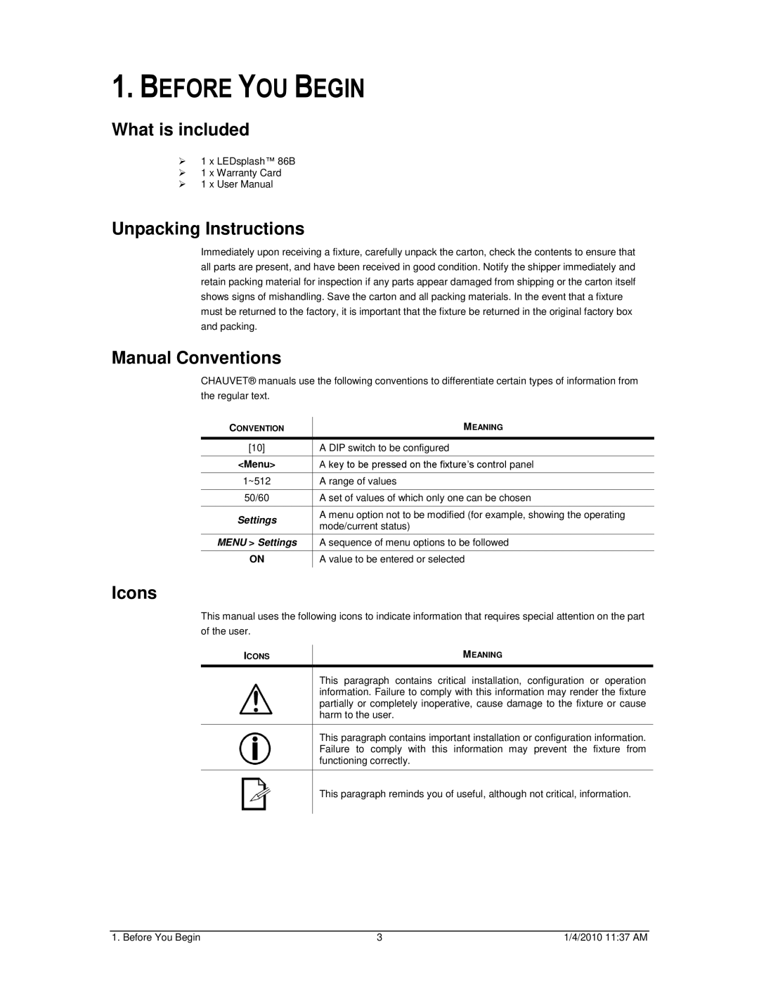 Chauvet 86B user manual Before YOU Begin, What is included, Unpacking Instructions, Manual Conventions, Icons 