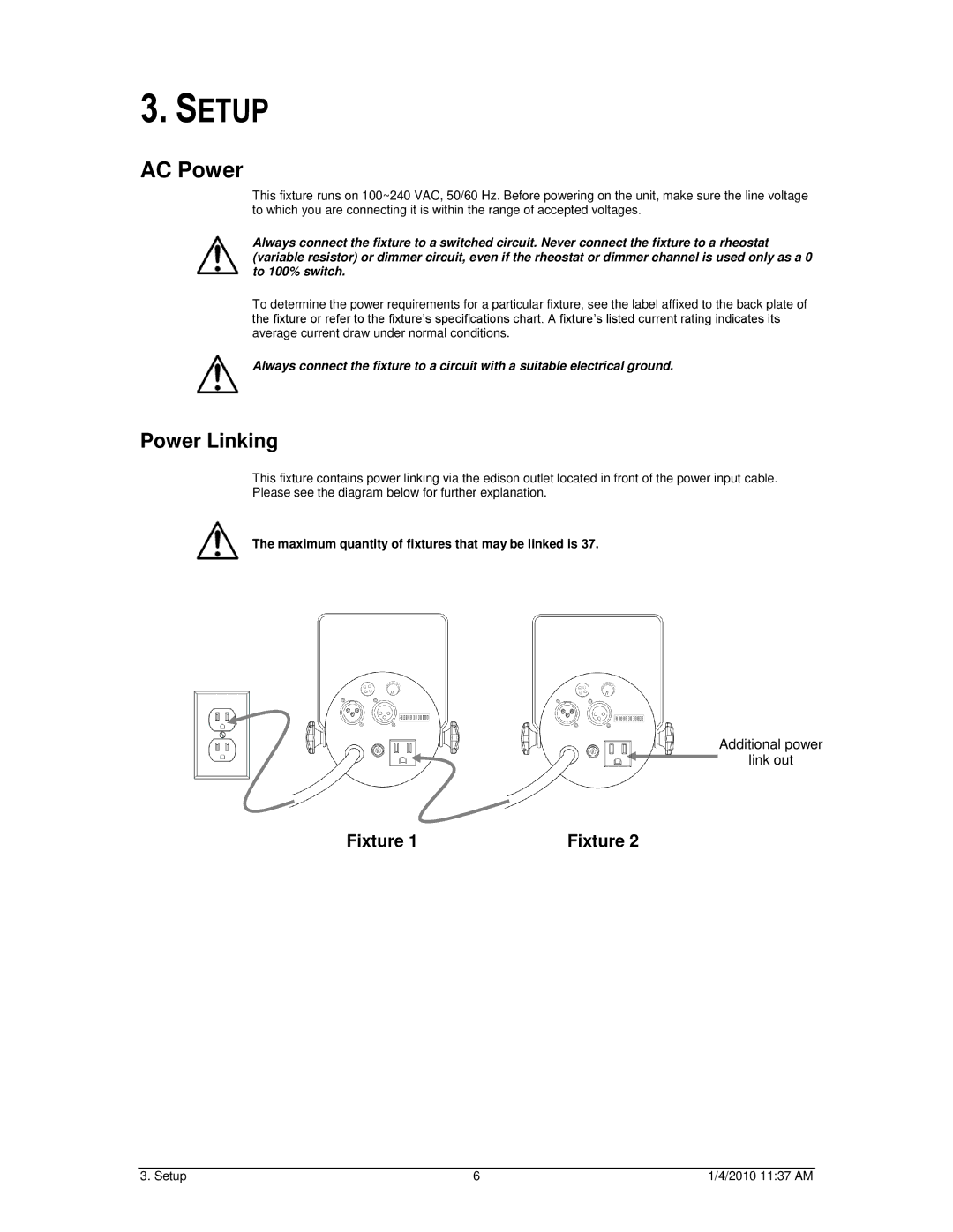 Chauvet 86B user manual Setup, AC Power 