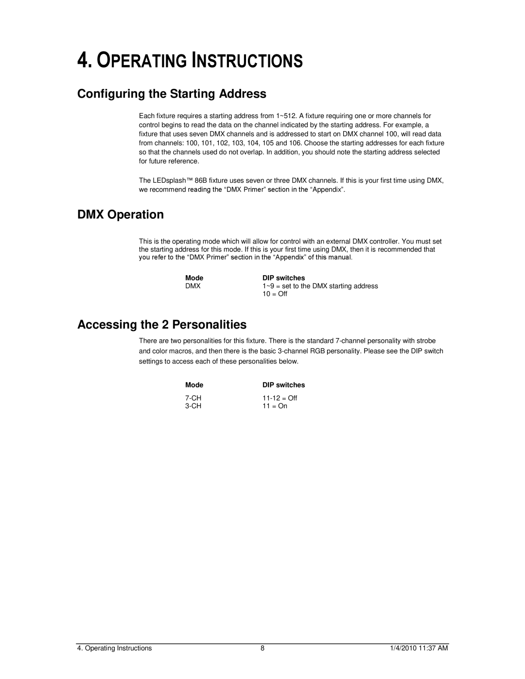 Chauvet 86B Operating Instructions, Configuring the Starting Address, DMX Operation, Accessing the 2 Personalities 