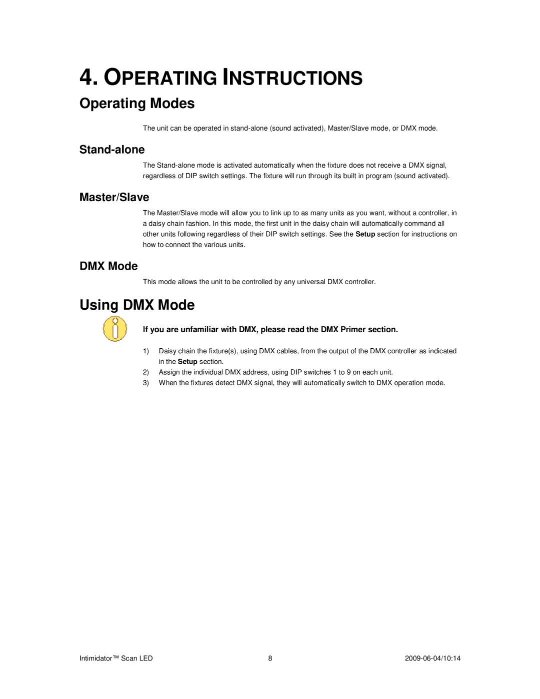 Chauvet a 2009-06-04, 10:14 user manual Operating Instructions, Operating Modes, Using DMX Mode 