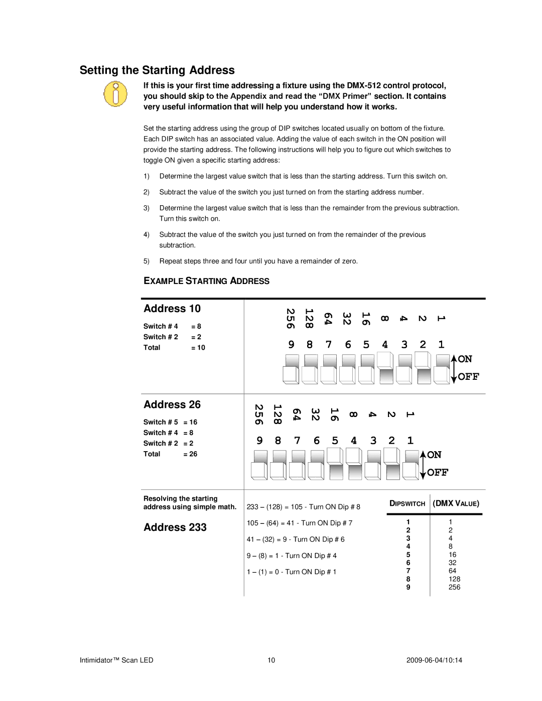 Chauvet a 2009-06-04, 10:14 user manual Off, Setting the Starting Address 