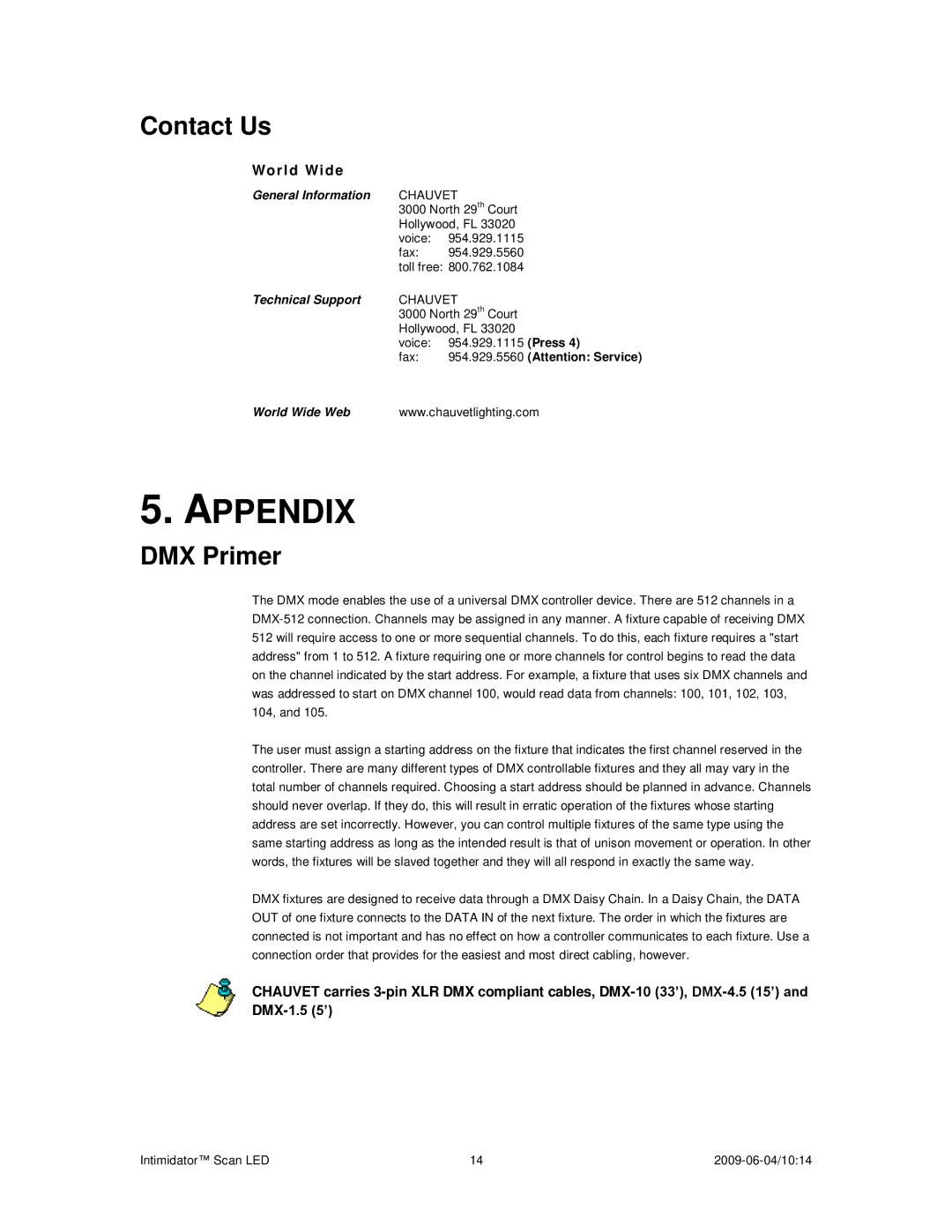 Chauvet a 2009-06-04, 10:14 user manual Appendix, Contact Us, DMX Primer 