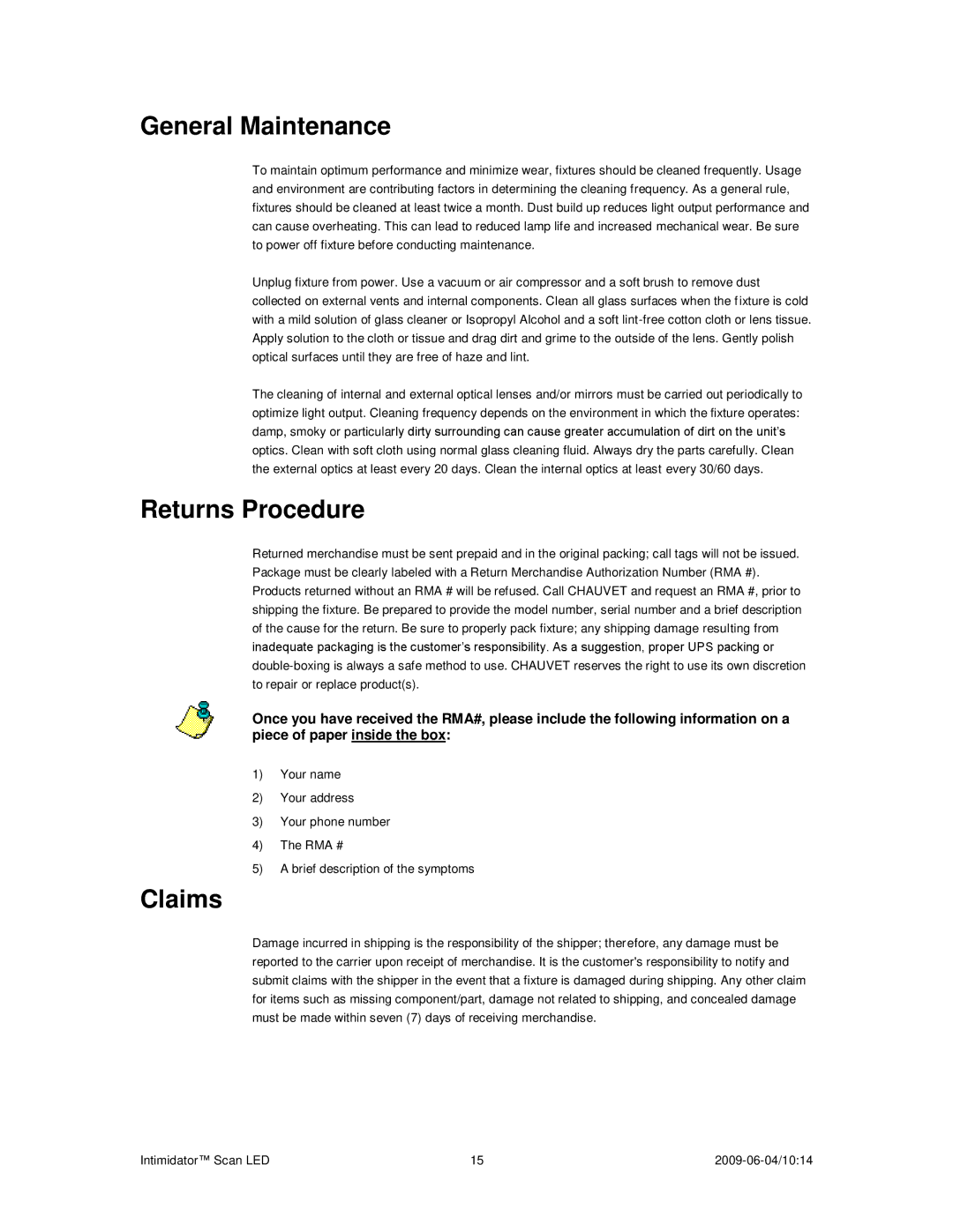 Chauvet 10:14, a 2009-06-04 user manual General Maintenance, Returns Procedure, Claims 