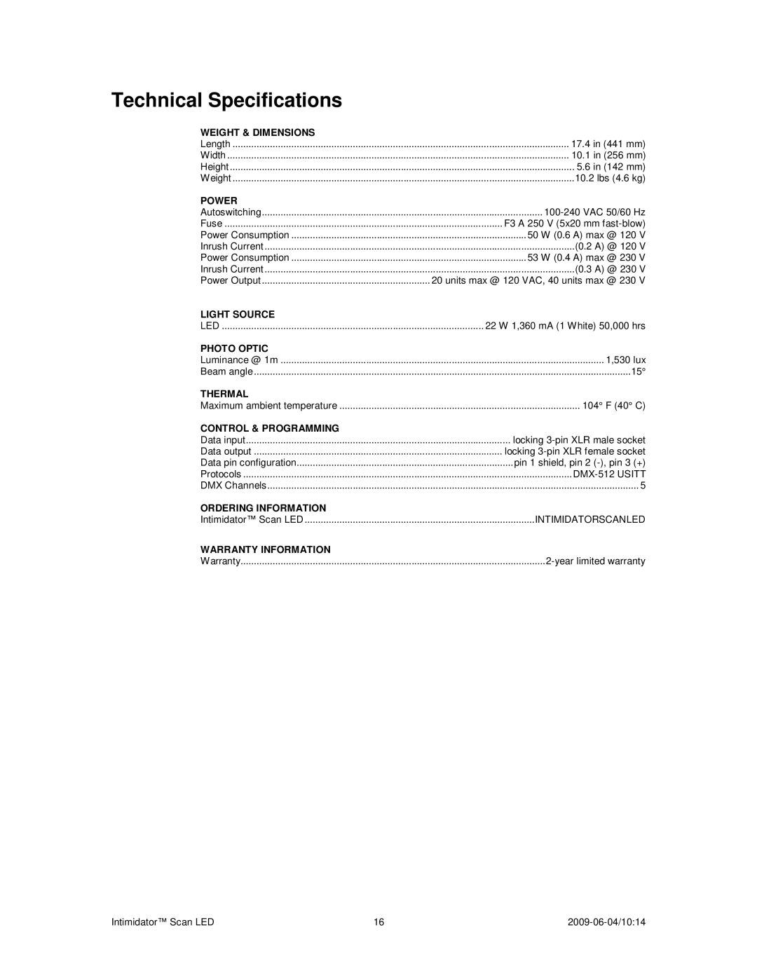 Chauvet a 2009-06-04, 10:14 user manual Technical Specifications, Power 