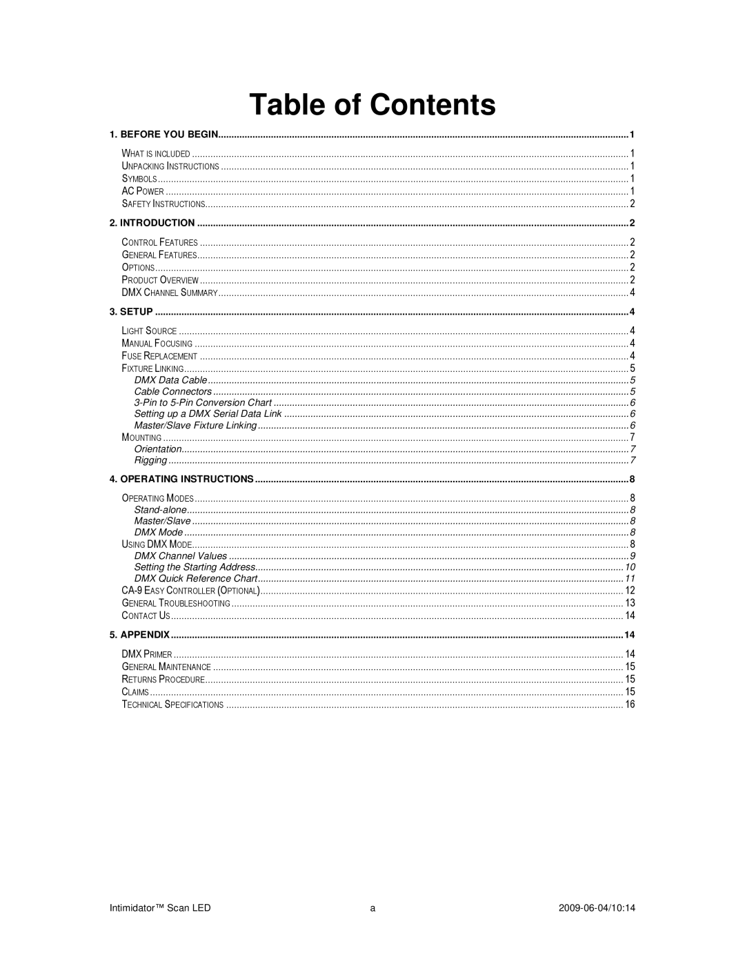 Chauvet a 2009-06-04, 10:14 user manual Table of Contents 