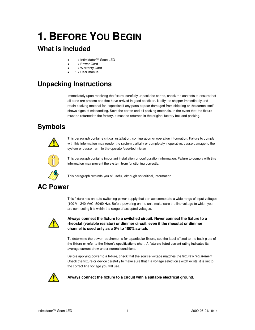 Chauvet 10:14, a 2009-06-04 user manual Before YOU Begin, What is included, Unpacking Instructions, Symbols, AC Power 